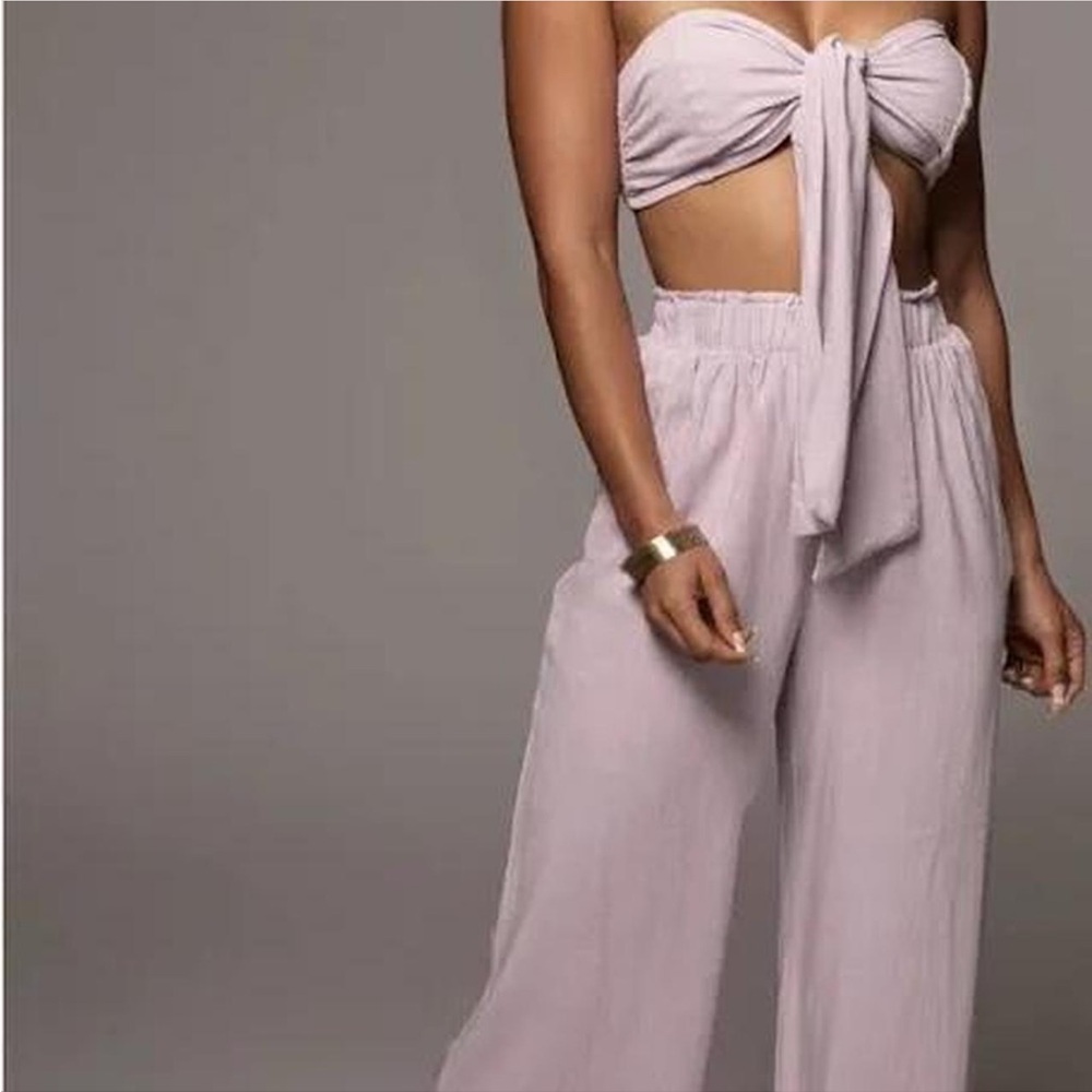 JLUXLABEL Lavender Tie-Front Bandeau Top with Wide-Leg Pants - Picture 3 of 4